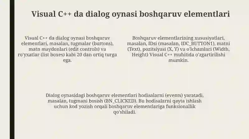 Dialog oynalari va ularning roli Visual C++ muhitida