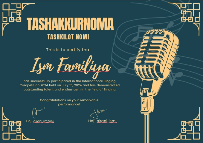 TASHAKKURNOMA shablon tayyori andoza