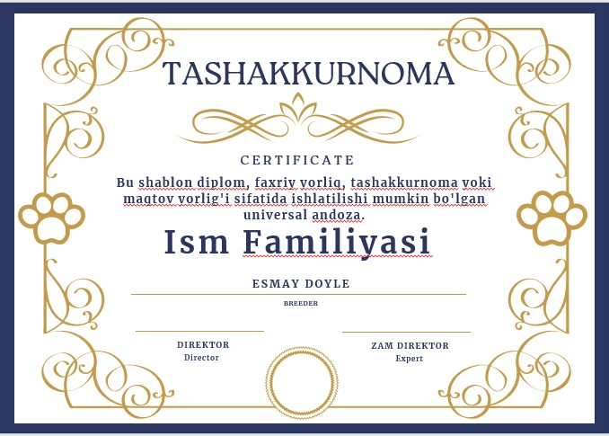 TASHAKKURNOMA shablon tayyori andoza