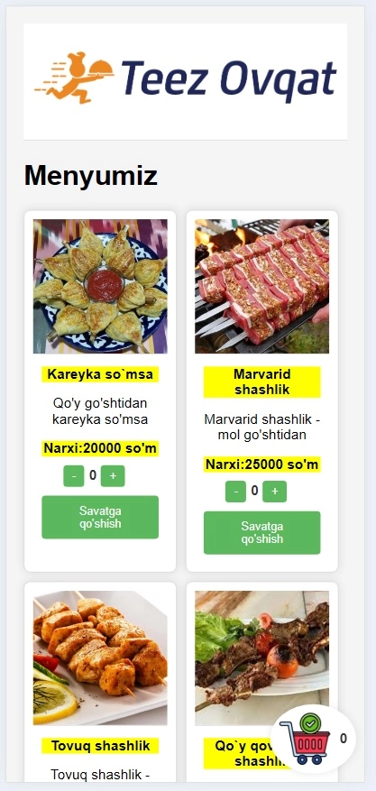Website yoki Telegram orqali ovqat buyurtma qilish