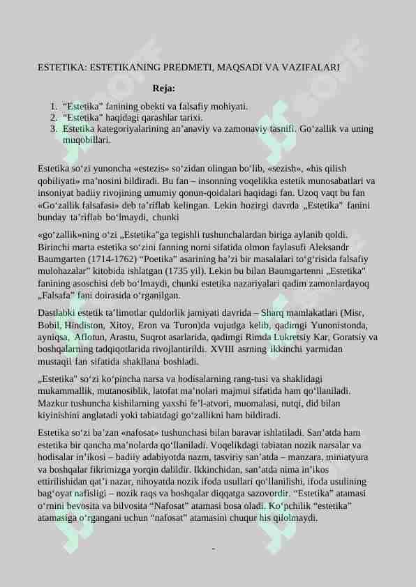 ESTETIKA: ESTETIKANING PREDMETI, MAQSADI VA VAZIFALARI