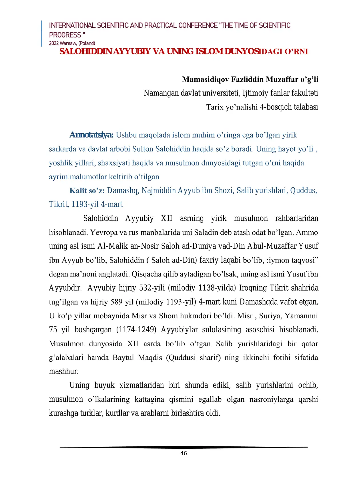 Salohiddin Ayyubiy va uning Islom dunyosidagi o’rni