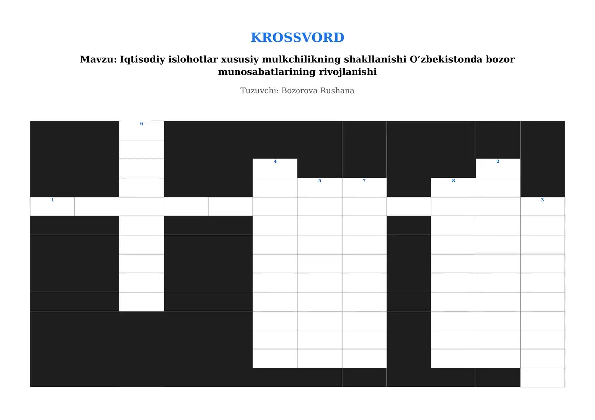 Krossvord: Iqtisodiy islohotlar, xususiy mulkchilik va bozor munosabatlari