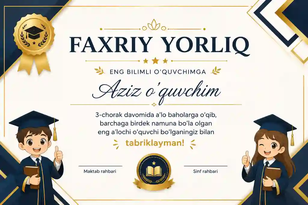 Premium Faxriy Yorliq Shabloni | O‘quvchilar uchun Sertifikat Dizayni