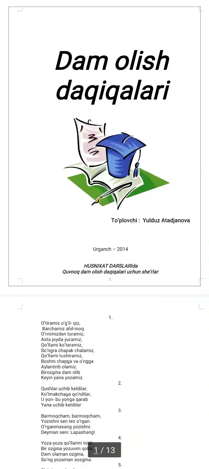 1-4 sinf dam olish daqiqalari