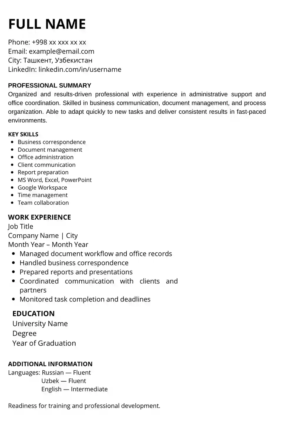 ATS Office CV Template (English)
