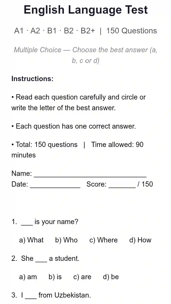 English Language Test A1–B2+ | 150 Questions | Placement Test