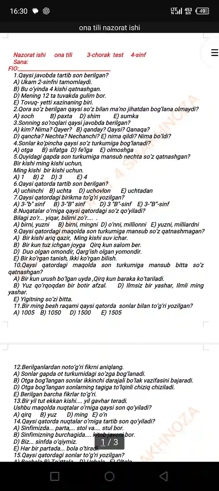 4 sinf Ona tili nazorat ishi materiallari