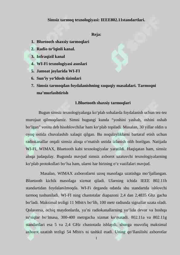 Simsiz tarmoq texnologiyasi: IEEE802.11 standartlari.