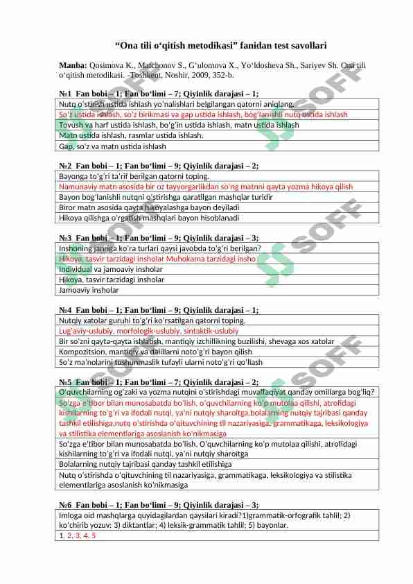 Ona tili o'qitish metodikasi fanidan test savollari