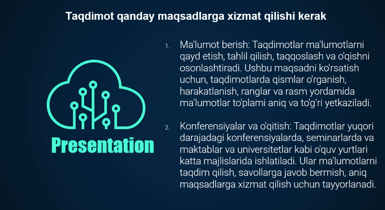 Taqdimot dasturlari (Power point, prezi, focusky va boshqalar) da taqdimot tayyorlash