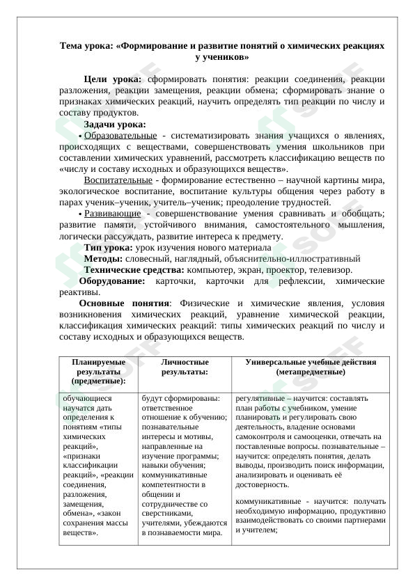 Формирование и развитие понятий о химических реакциях у учеников