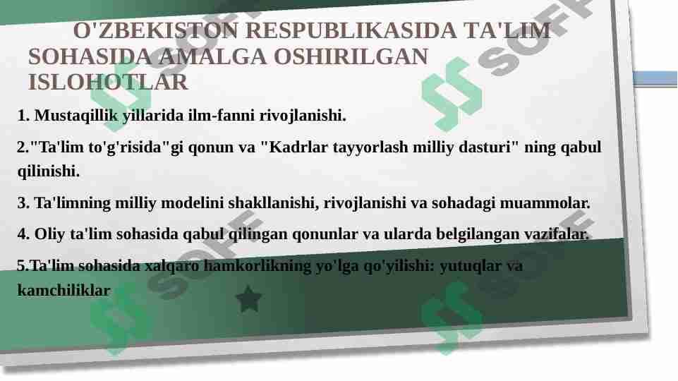 O'ZBEKISTON RESPUBLIKASIDA TA'LIM SOHASIDA AMALGA OSHIRILGAN ISLOHOTLAR