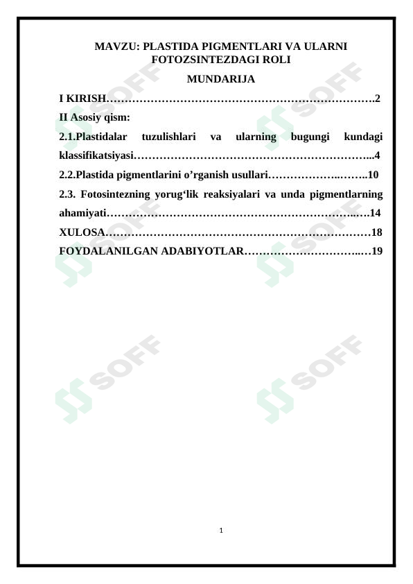 Plastida pigmentlari va ularni fotosintezdagi roli