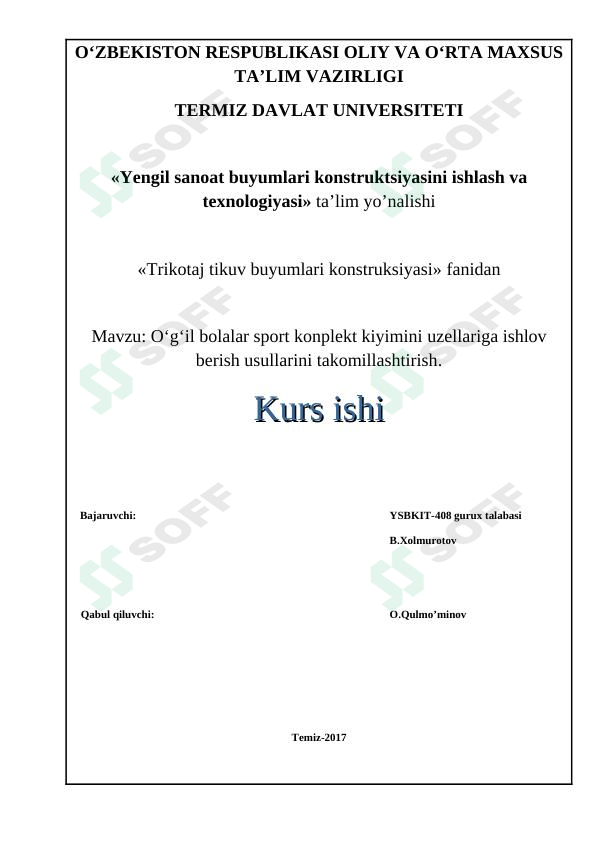 O'g'il bolalar sport kiyimini konstruktsiyasini ishlab chiqish