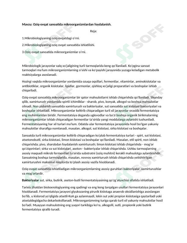 Oziq ovqat sanoatida mikroorganizmlarlardan foydalanish.