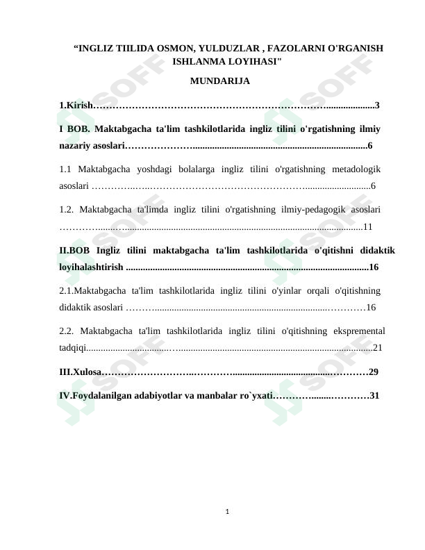 ingliz tilida osmon,yulduzlar, fazolarni o'rganish ishlanma loyihasi