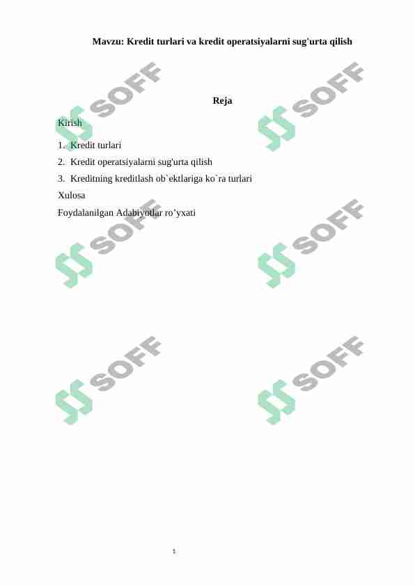 Kredit turlari va kredit operatsiyalarni sug'urta qilish