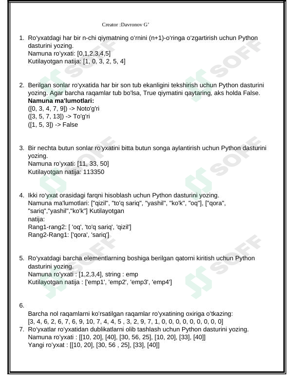 Python dasturlash tilida List if str mavzularida masalalar