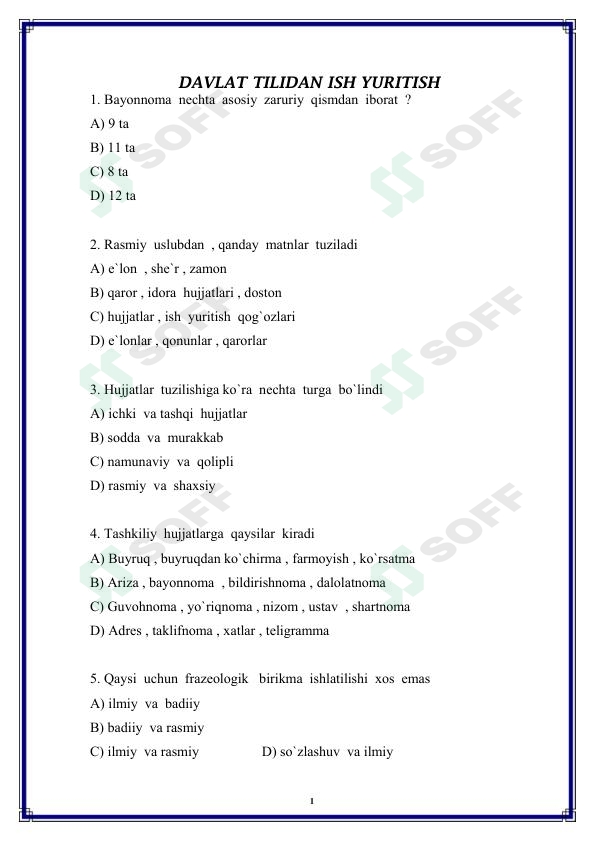 Davlat tilida ish yuritish fanidan 100 talik test (javoblari bilan)