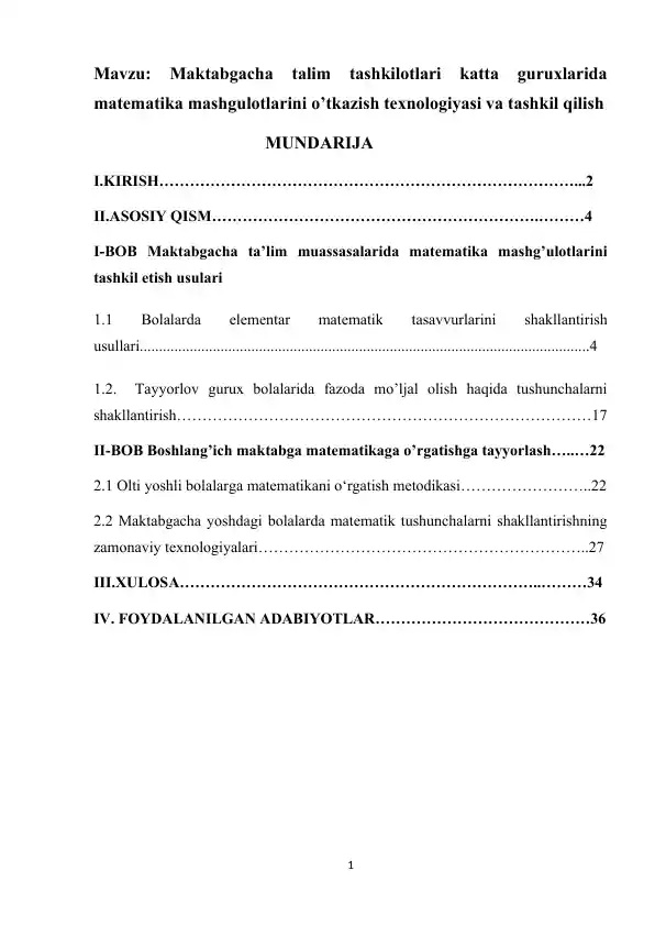 Maktabgacha talim tashkilotlari katta guruxlarida matematika mashgulotlarini o’tkazish texnologiyasi va tashkil qilish