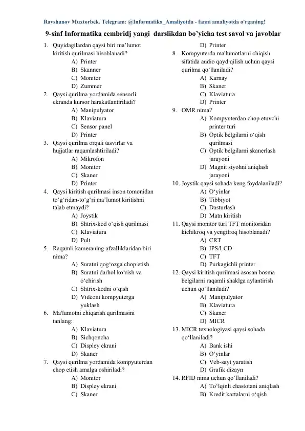 9-sinf Informatika cembridj yangi darslikdan bo’yicha test savol va javoblar