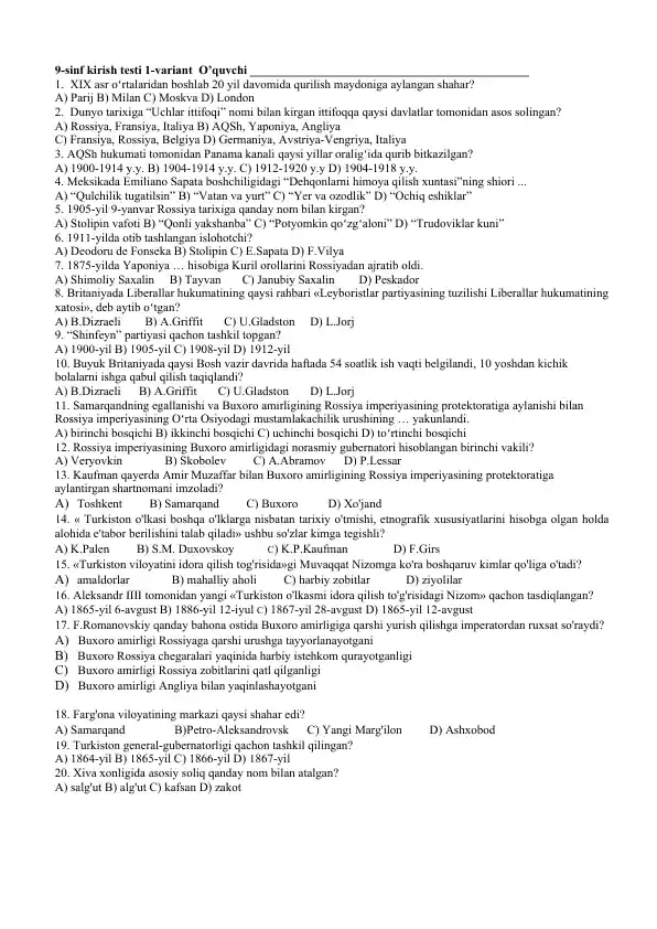 9-sinf kirish testi 1-variant