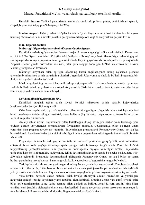 Parazitlarni yig’ish va aniqlash uchun jihozlar