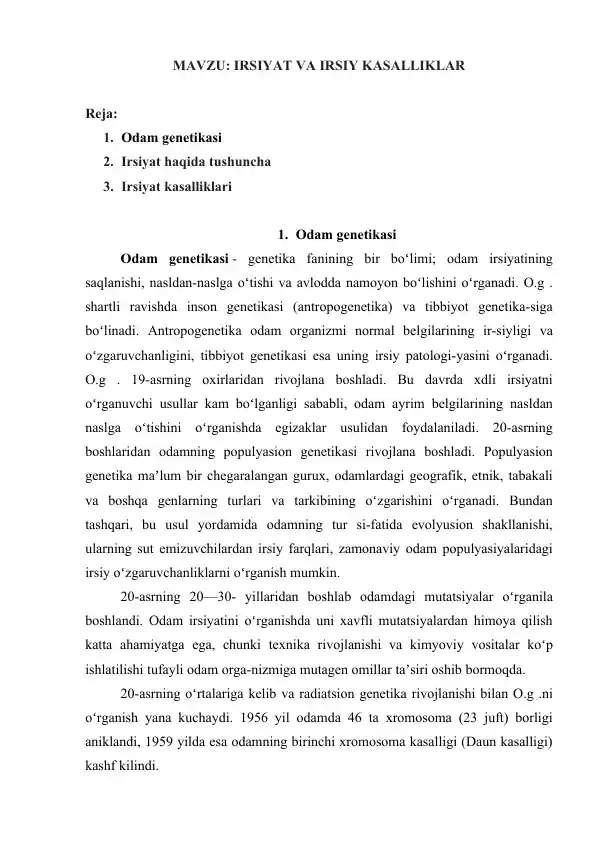 Irsiyat va irsiy kasalliklar