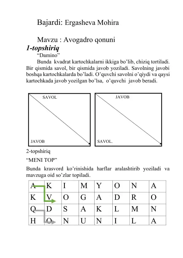 Avogadro qonuni mavzusida didaktik faoliyat uchun topshiriqlar to‘plami