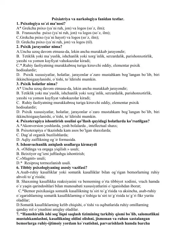 Psixiatriya va narkologiya fanidan testlar