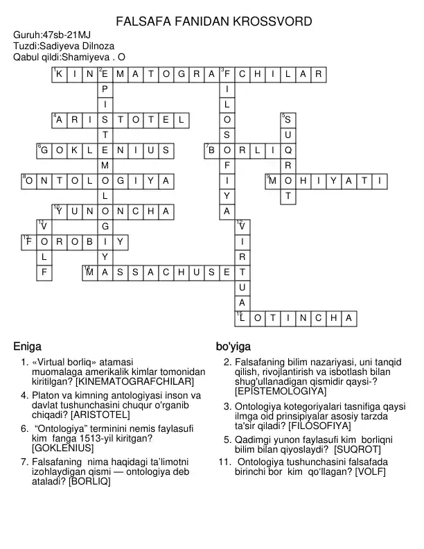 Falsafa fanidan krossvord