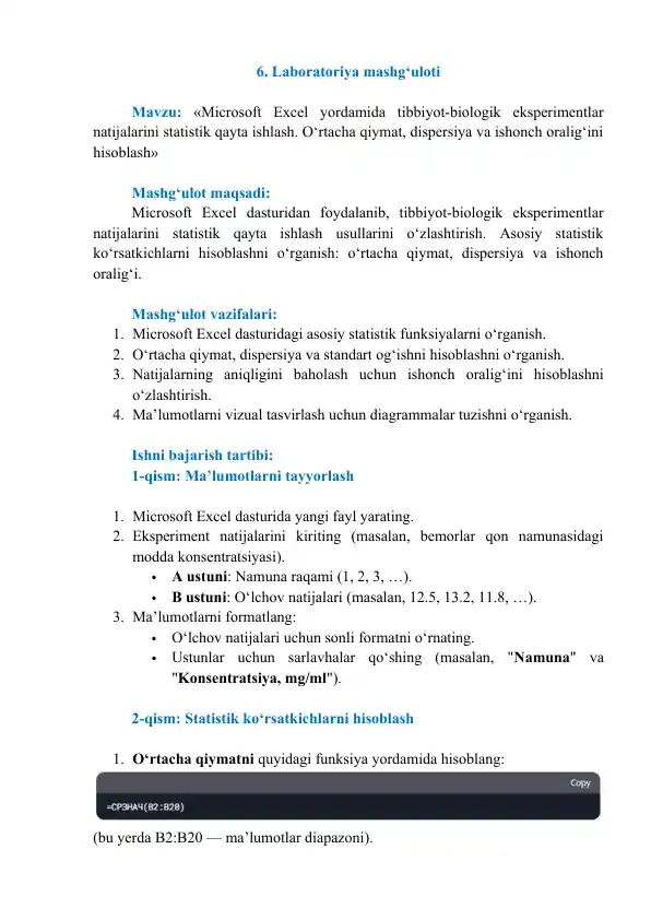Microsoft Excel yordamida tibbiyot-biologik eksperimentlar natijalarini statistik qayta ishlash