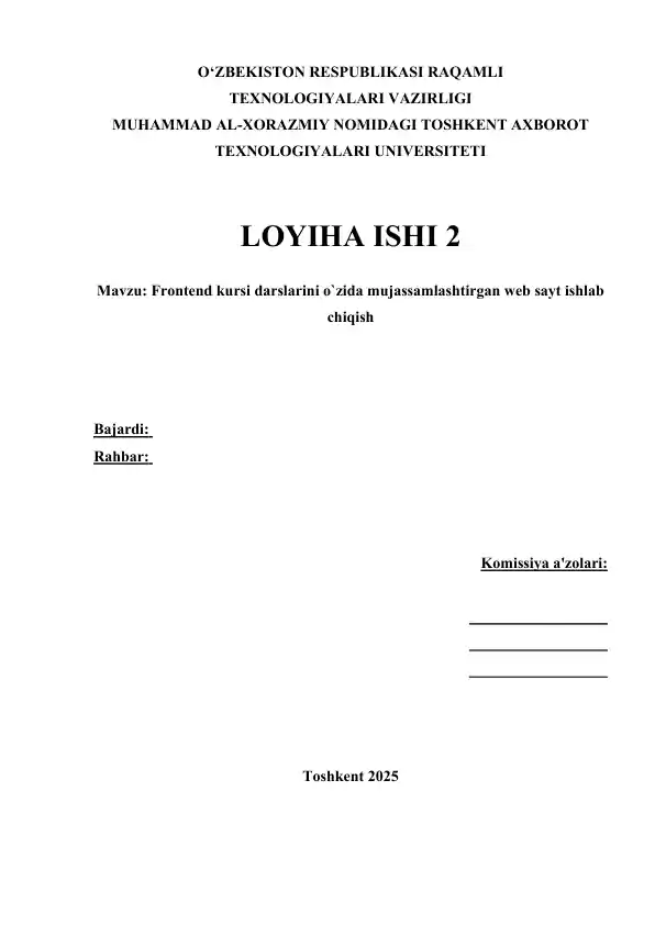 Frontend kursi darslarini o`zida mujassamlashtirgan web sayt ishlab chiqish