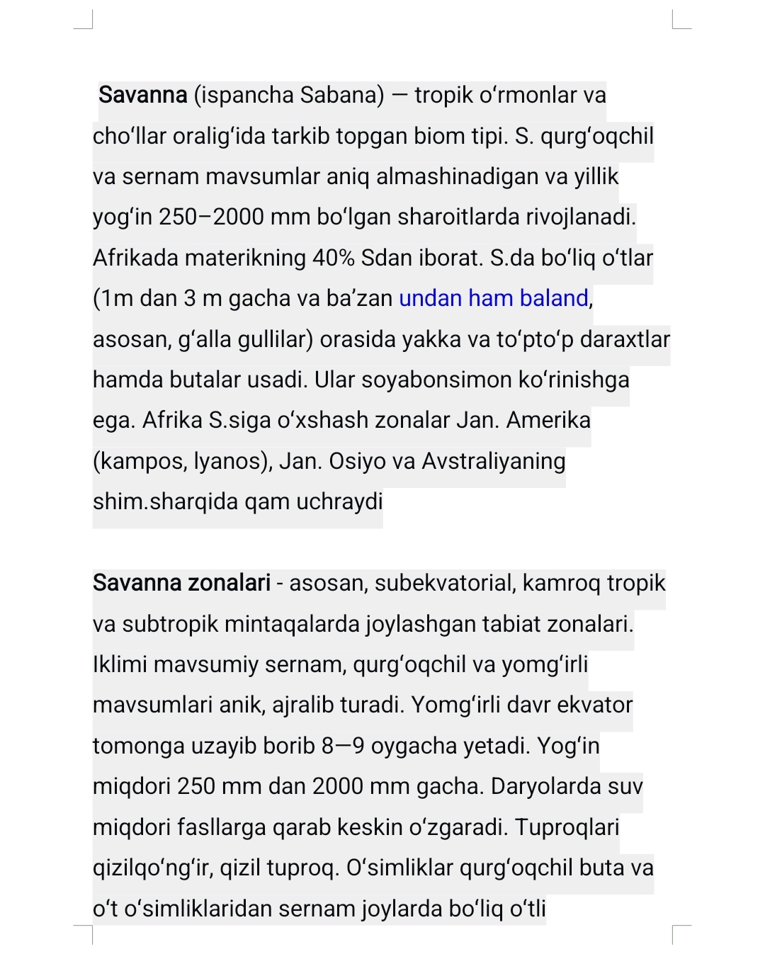 Savanna va siyrak o‘rmonlar hamda dag‘al bargli doimiy yashil barigli o‘rmonlar tuproqlari