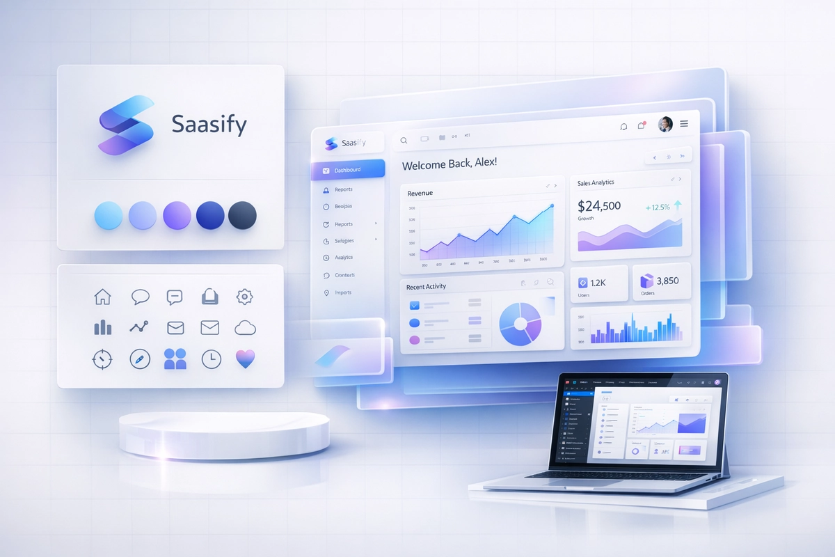 SaaS Landing Page, Dashboard & Branding Bundle – Figma UI Kit + Logo + Icons