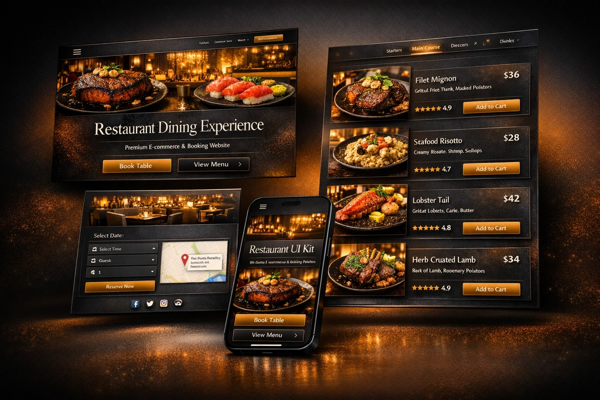 🍽️ Premium Restoran va Kafe UI Kit — Zamonaviy va Hashamatli Vebsayt Dizayni (Desktop + Mobile)