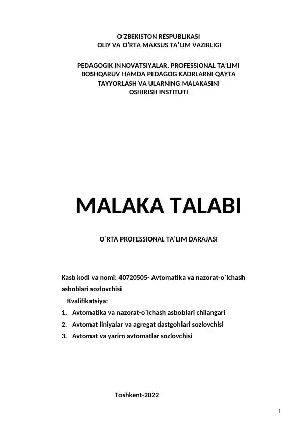 Avtomatika va nazorat-o`lchash asboblari sozlovchisi