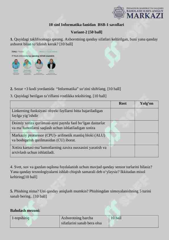 10-sinf informatika BSB II variant