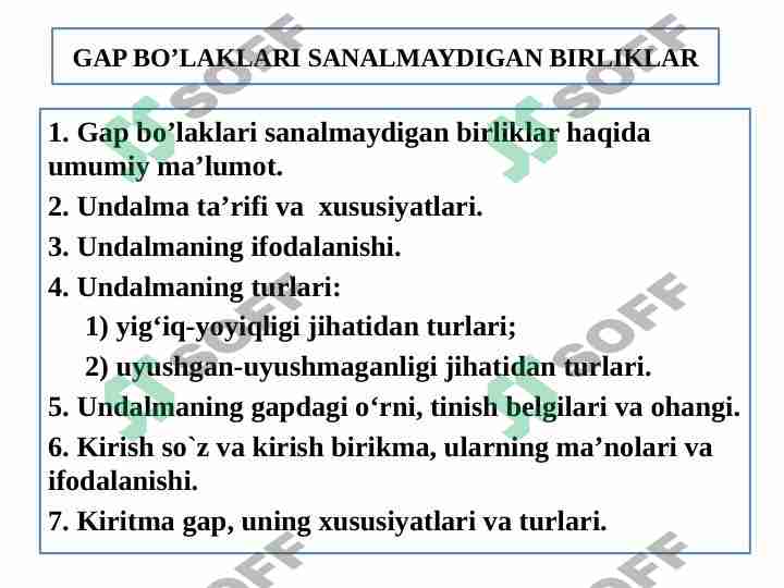 GAP BO'LAKLARI SANALMAYDIGAN BIRLIKLAR
