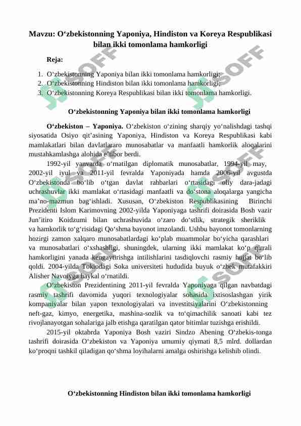 O‘zbekistonning Yaponiya, Hindiston va Koreya Respublikasi bilan ikki tomonlama hamkorligi