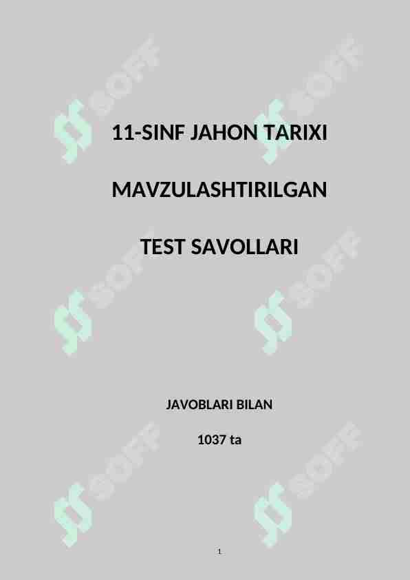 11-sinf Jahon tarixi fanidan mavzulashtirilgan testlar/Javoblari bilan!