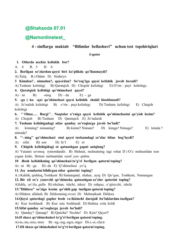 4-sinflarga maktab "Bilimlar bellashuvi" uchun test topshiriqlari