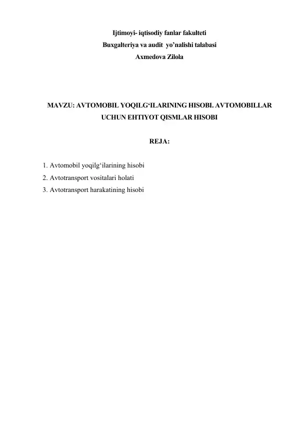 Avtomobil Yoqilg‘ilarining Hisobi