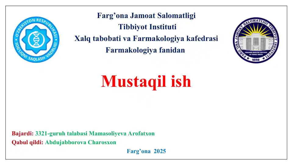 Antiseptik va dezinfeksiyalovchilar. Sulfanilamidlar, 8-oksixinolin va nitrofuran unumlari. Taqdimot 20 bet.