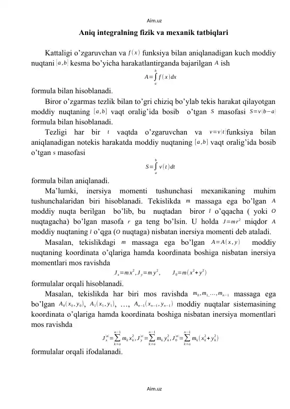 Aniq integralning fizik va mexanik tatbiqlari