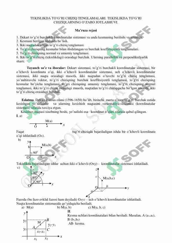 TEKISLIKDA TO’G’RI CHIZIQ TENGLAMALARI. TEKISLIKDA TO’G’RI CHIZIQLARNING O’ZARO JOYLASHUVI