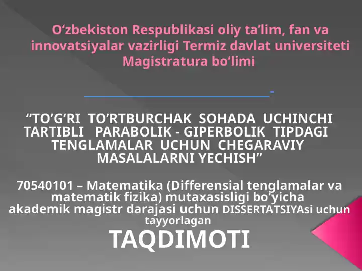 TO’G’RI TO’RTBURCHAK SOHADA UCHINCHI TARTIBLI PARABOLIK - GIPЕRBOLIK TIPDAGI TЕNGLAMALAR UCHUN CHЕGARAVIY MASALALARNI YЕCHISH