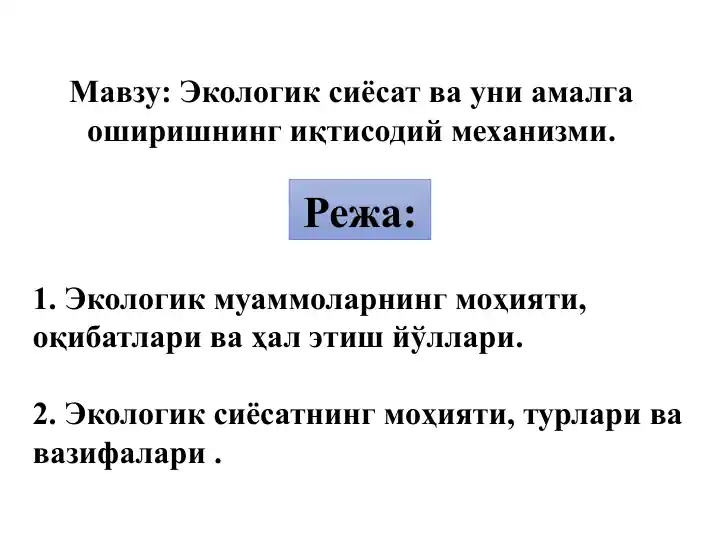 Экологиксиёсат ва уни амалга оширишнинг иқтисодий механизми