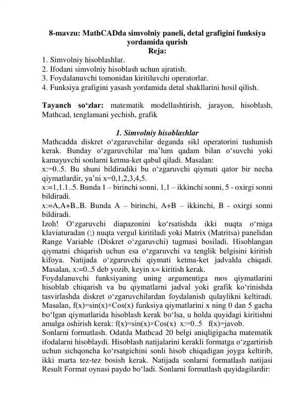 MathCADda simvolniy paneli, detal grafigini funksiya yordamida qurish